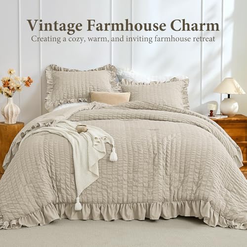 JOLLYVOGUE Linen Oversized Queen Comforter Set,3pcs Seersucker Bed Set