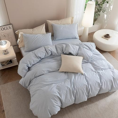 JIYUAN Super King Washed Cotton Duvet Cover Set, Linen-Like Pinstripe