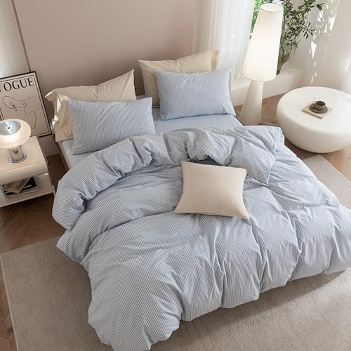 JIYUAN Super Queen Washed Cotton Duvet Cover Set Linen-Like Pinstripe