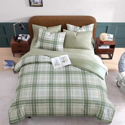 Plaid Full Comforter Set Green 7 Pieces Bed in a Bag for Boys Girls Teen