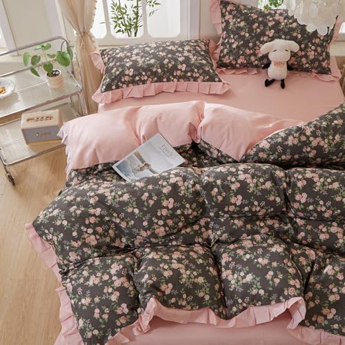 mixinni Vintage Floral Duvet Cover Set Twin XL Size – 100% Cotton Ruffle Lace Bedding, Pink Rose Flower and Green Leaf Print, Reversible Stripes Pattern, Grandmillennial Cottagecore Aesthetic 3Pcs