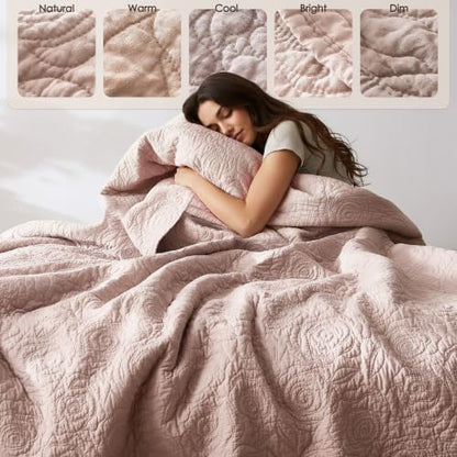 WDCOZY 100% Cotton Cal King Quilt Bedding Sets Floral Rosette Pink