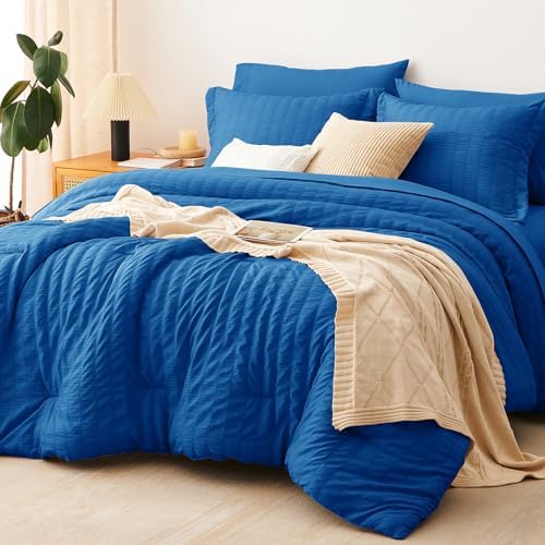 CozyLux Queen Comforter Set, 7 Pieces Classic Blue Seersucker Bed in a Bag