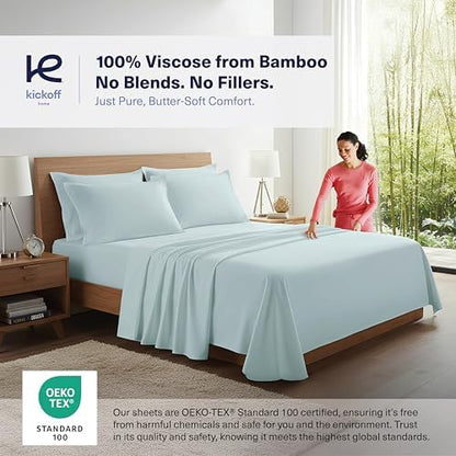 Kickoff Viscose Bamboo Sheets Queen Size 4-pc 100% Organic Bamboo Viscose Bed Cooling Sheets Queen Size Set Cool Bedding for hot Sleepers Sheet Set - Gift Ready Packaging (Coastal Blue, Q)