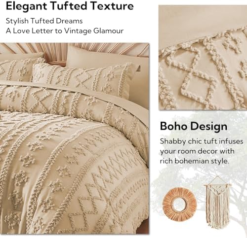 MR&HM Queen Comforter Set 7 Pieces, Fluffy Tufted Boho Beddding Set Khaki