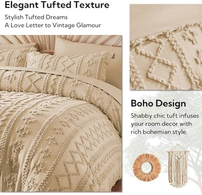 MR&HM Queen Comforter Set 7 Pieces, Fluffy Tufted Boho Beddding Set Khaki