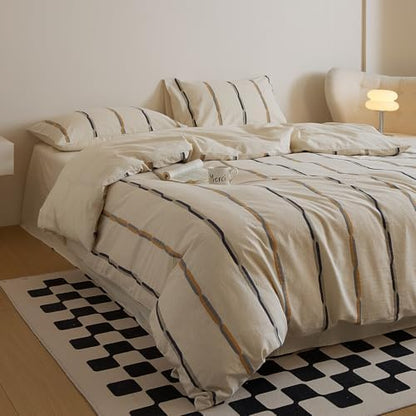 mixinni Cotton Linen Jacquard Duvet Cover Set Queen, 3-Piece Mid-Century Modern Bedding, Vintage Striped Bohemian Duvet Cover with 2 Pillowcases, All-Season Breathable Comforter Cover-Queen Size