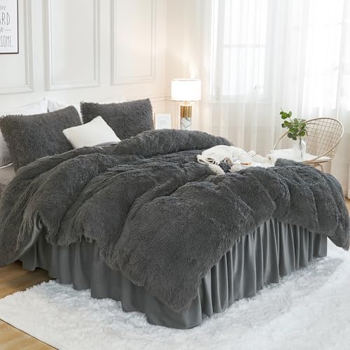 Andency Dark Grey Comforter Full Size Set, Fluffy Faux Fur Warm Bedding Set