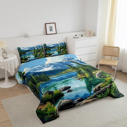 Woodland Comforter Set Full Size,Lake House Rustic Style Duvet Insert for Kids Teens Adults Room Decor,Camping Adventure Retro Bedding Set 3Pcs,Woodland Mountain River Scenery Quilt Set,2 Pillowcases