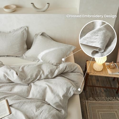 Simple&Opulence 100% Linen Duvet Cover Set with Crossed Embroidery Washed - 3 Pieces (1 Duvet Cover with 2 Pillow Shams) Soft Breathable Farmhouse - Linen, Queen Size
