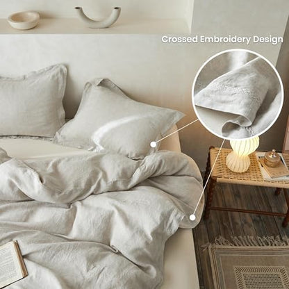 Simple&Opulence 100% Linen Duvet Cover Set with Crossed Embroidery Washed - 3 Pieces (1 Duvet Cover with 2 Pillow Shams) Soft Breathable Farmhouse - Linen, Queen Size