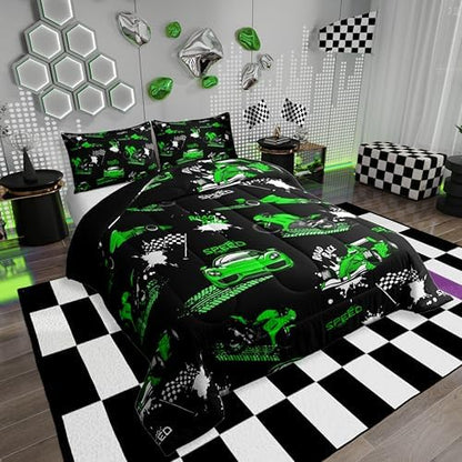Erosebridal Boys Race Car Comforter Set Blue Green Racing Car Bedding Set Twin Size,Speed Sports Car Comforter Extreme Sports Duvet Insert for Kids Girls Teens Cool Dirt Bike Motocross Quilt