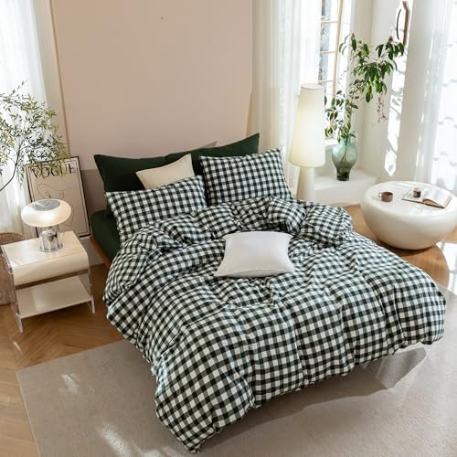 JIYUAN Queen Washed Cotton Duvet Cover Set, 3-Piece, Large Gingham
