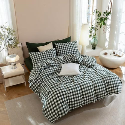 JIYUAN Queen Washed Cotton Duvet Cover Set, 3-Piece, Large Gingham
