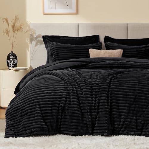 EXQ Home Fluffy Comforter Set King Size,3 Pieces Bed Set,Black
