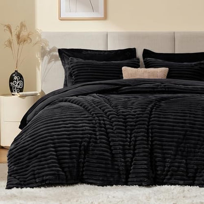 EXQ Home Fluffy Comforter Set King Size,3 Pieces Bed Set,Black
