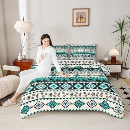 Aztec Geometric Kids Bedding Set King Size,Southwest Tribal Ethnic Comforter Set，Wolf Rustic Cabin Quilt Comforter,Beige Retro Bedroom Duvet Insert,2 Pillowcases