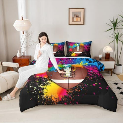 American Football Comforter Set Twin Size,Modern Game Extreme Sport Bedding Set 2pcs for Teens Boys Adults Room,Watercolor Graffiti Duvet Insert Tie Dye Quilted Duvet Set with 1 Pillowcase,Black