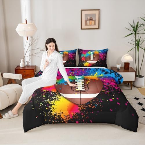 American Football Comforter Set Queen Size,Modern Game Extreme Sport Bedding Set 3pcs for Teens Boys Adults Room,Watercolor Graffiti Duvet Insert Tie Dye Quilted Duvet Set with 2 Pillowcases,Black