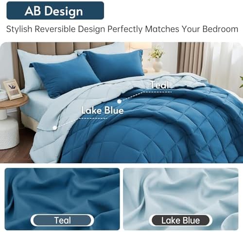 MUXHOMO 7 Pieces Full Comforter Set, Reversible Bed in a Bag Full Size, All Season Bedding Set with Comforter, Flat Sheet, Fitted Sheet, Pillowcases & Shams, Teal & Lake Blue