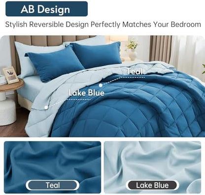 MUXHOMO 7 Pieces Full Comforter Set, Reversible Bed in a Bag Full Size, All Season Bedding Set with Comforter, Flat Sheet, Fitted Sheet, Pillowcases & Shams, Teal & Lake Blue