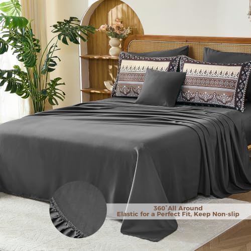 Boho Comforter Set Queen Size,8 Pieces Brown Black Striped Bedding Set