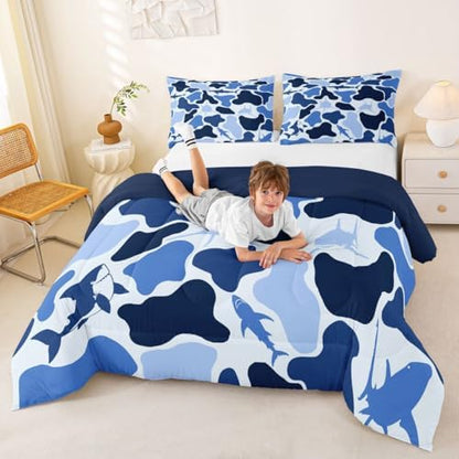 Feelyou Blue Camo Comforter Set Full Size Shark Fish Bedding Set for Kids Boys Girls Camouflage Duvet Quilt Military Style Bedroom Decor Microfiber 3 Pcs with 2 Pillow Cases