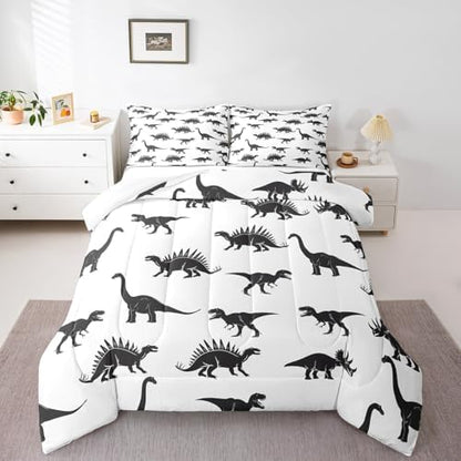 Erosebridal Dinosaur Down Comforter Dino Silhouettes Bedding Set King Size, Wildlife Animals Black White Comforter Sets for Kids Boys Teens Adult Bedroom, Dinosaurs Comforter with 2 Pillow Cases