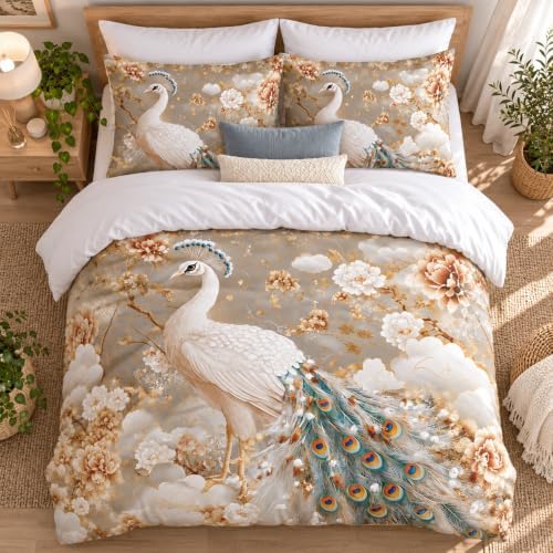 CCoutueChen Kids Twin Size Peacock Comforter Set, 2 Pcs Golden Floral Bird Feather Soft Bedding for Girls, Warm Microfiber Luxury Bed Set with 1 Pillowcase, 68"x86"