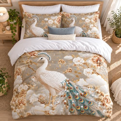 CCoutueChen Kids Peacock Comforter Set Full Size, Golden Floral Bird Feather Bedding Set for Girls, 3 Pieces Soft Fluffy Microfiber Luxury Bed Sets with 2 Pillowcases, 79"x90"