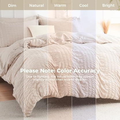 HYMOKEGE Beige Queen Comforter Set Seersucker 7 Pieces, All Season Luxury Bed in a Bag for Bedroom, Bedding Set with Comforters, Sheets, Pillowcases & Shams