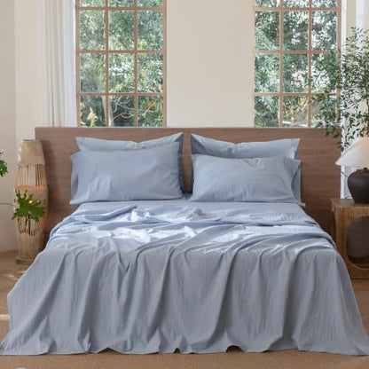 MooMee Sheet Set 100% Washed Cotton Linen-Like Extra Deep Pocket Queen