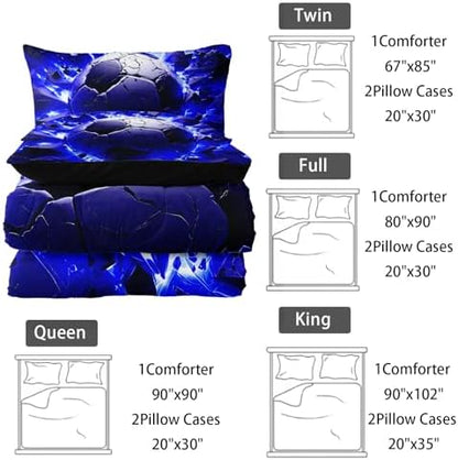 Nttopship Soccer Bedding Comforter Set King Size for Kids Teens and Adults, Blue and Black Football Printed Bedding Sets 3 PCS,Ball Sports Themed Bedroom Decor with 1 Comforter and 2 Pillowcases