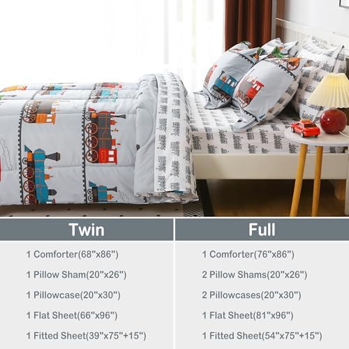 Viviland Kids Twin Bedding Sets, Boys Comforter, Light Grey Train