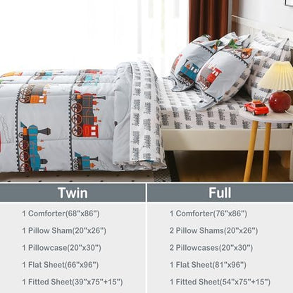 Viviland Kids Twin Bedding Sets, Boys Comforter, Light Grey Train