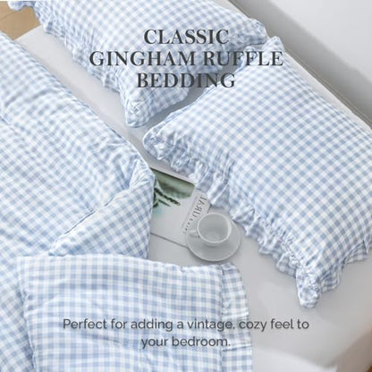 Andency Blue Gingham Ruffle Comforter Full, 3 Pieces Vintage Bedding