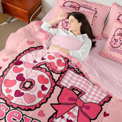 Erosebridal Six Seven Comforter Set Twin Size 7 Piece Pink 67 Number Print Bedding Set Gift for Kids Girls Birthday,Romantic Love Heart Bow Plaid Bed in A Bag with Flat and Fitted Sheet