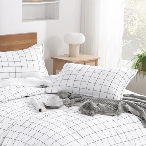 Andency King Comforter Sets White, Gingham Plaid Grid Checkered Bedding Set