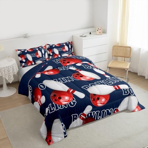 Erosebridal Bowling Party Bedding Comforter Sets Bowling Ball Bedding Set Full for Boys Girls Sport Gaming Duvet Insert Bowling Print Quilted Comforter Kids Teens Sports Themed Room Decor Bedding 3pcs