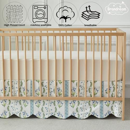 Brandream Scallop Edge Organic Crib Skirt Cotton Toddler Bedskirt Floral Stripes and Vines Baby Nursery Crib Bed Skirt Neutral Vintage Blue Floral Bouquet Farmhouse Chic Boho Bohemian Skirt