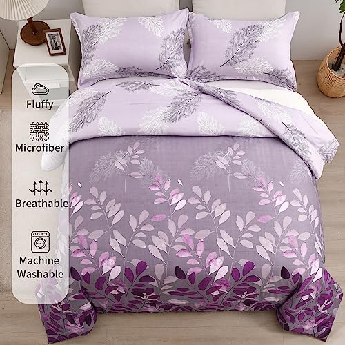 DJY Purple Comforter Set King, Botanical Leaves Comforter for King Bed 3 Pieces Reversible Floral Bed Comforter Sets Soft Microfiber Bedding Set for All Season (104"x90")