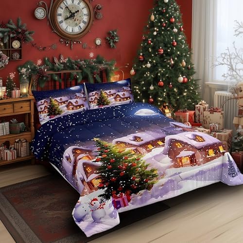 Castle Fairy Christmas Trees Comforter Set Queen Size Santa Claus and Snowman Bedding Set for Kids Boys Girls Bedroom Decoration Starry Sky Bed Duvet Insert Snow Scene Comforter with 2 Pillowcase
