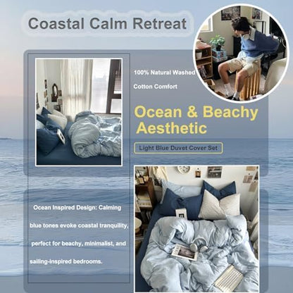 mixinni 100% Washed Cotton Duvet Cover Set Queen Size, Solid Light Blue Ocean Themed Chic Bedding, Soft Breathable Minimalist Comforter Cover with Zipper Closure & Corner Ties-Queen Size