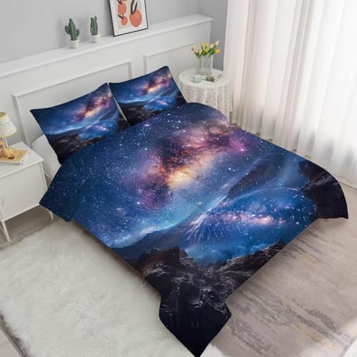 Galaxy Comforter Set Twin Size Space Bedding for Kids Girls Boys Mountain Planet Stars Moon Bedroom Decor Quilt Bed Sets, 1 Comforter 1 Pillowcase
