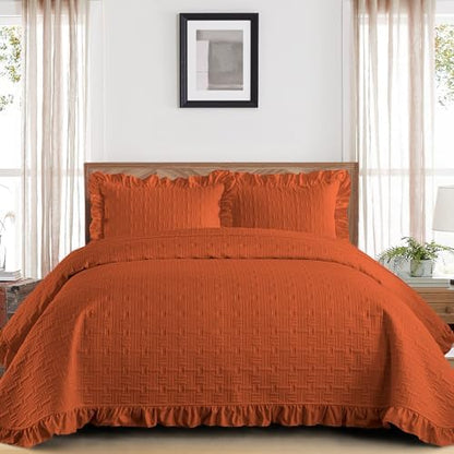 DJY King Quilt Set 3 Pieces, Lightweight Ruffled Bedspread, Orange