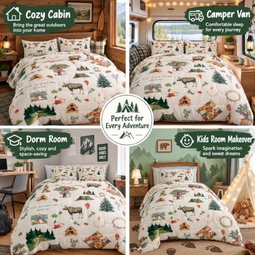 Homewish Cartoon Camper Comforter Set Twin Size Jungle Adventure Travel Bedding Set Wild Elk Animals Mountain Trees Quilt Set for Kids Boys Teens Men Bedroom Decor Happy Camping Duvet Insert 2pcs