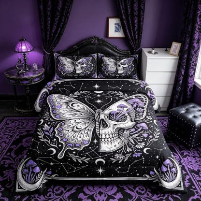 Butterfly Skull Comforter Set Queen Size,Purple Mushroom Gothic Skeleton Duvet Insert Adults Bedroom Decor,Galaxy Botanical Bedding Set,Retro Hippie Ultra Soft Microfiber Inner Fill 3Pcs Bedding