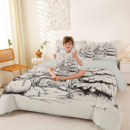 Erosebridal Christmas Tree 7 Pcs Comforter Set Twin, Hand Drawn Snowman Bedding for Kids Adults, Christmas House Winter Illustration Bed in A Bag Sheet Set, Grey Ball Bed Set
