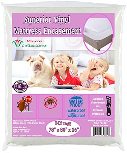 Superior Extra Heavy 8 Gauge Vinyl Mattress Protector Zippered Encasement Cover 100% Waterproof King Size White
