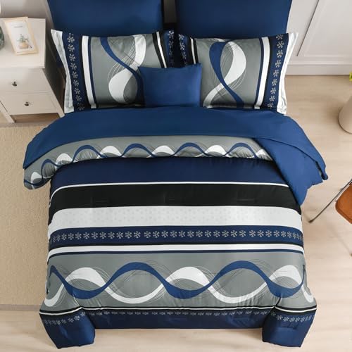Anibedding Navy Blue Comforter Set Queen Size,8 Pieces Boho Bed in a Bag